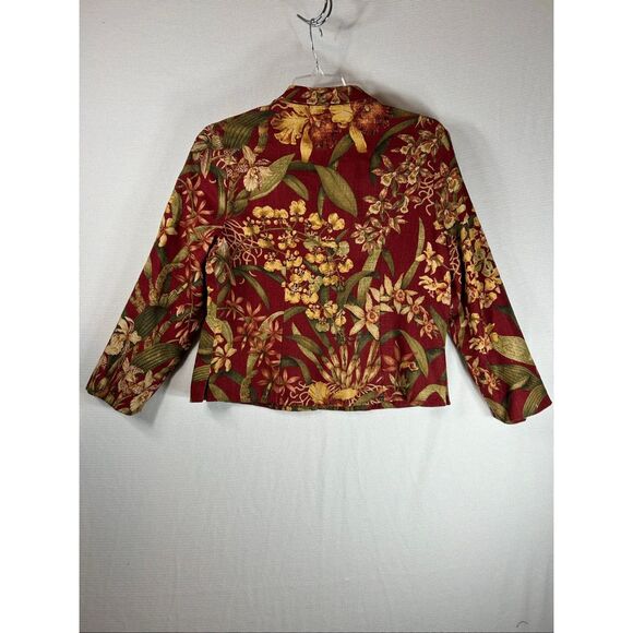 Susan Bristol Floral Linen Blend Jacket Red Gold Green Botanical Blazer L - Picture 2 of 14